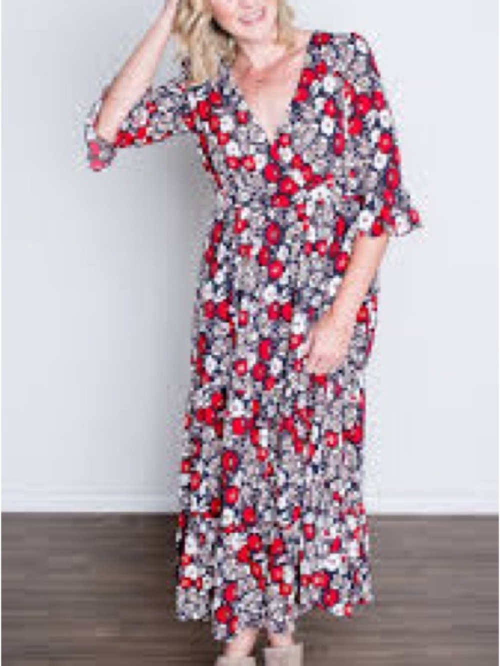Women's Hayden Los Angeles Boho Red Floral V-Neck Midi Dress - Picture 2 of 5